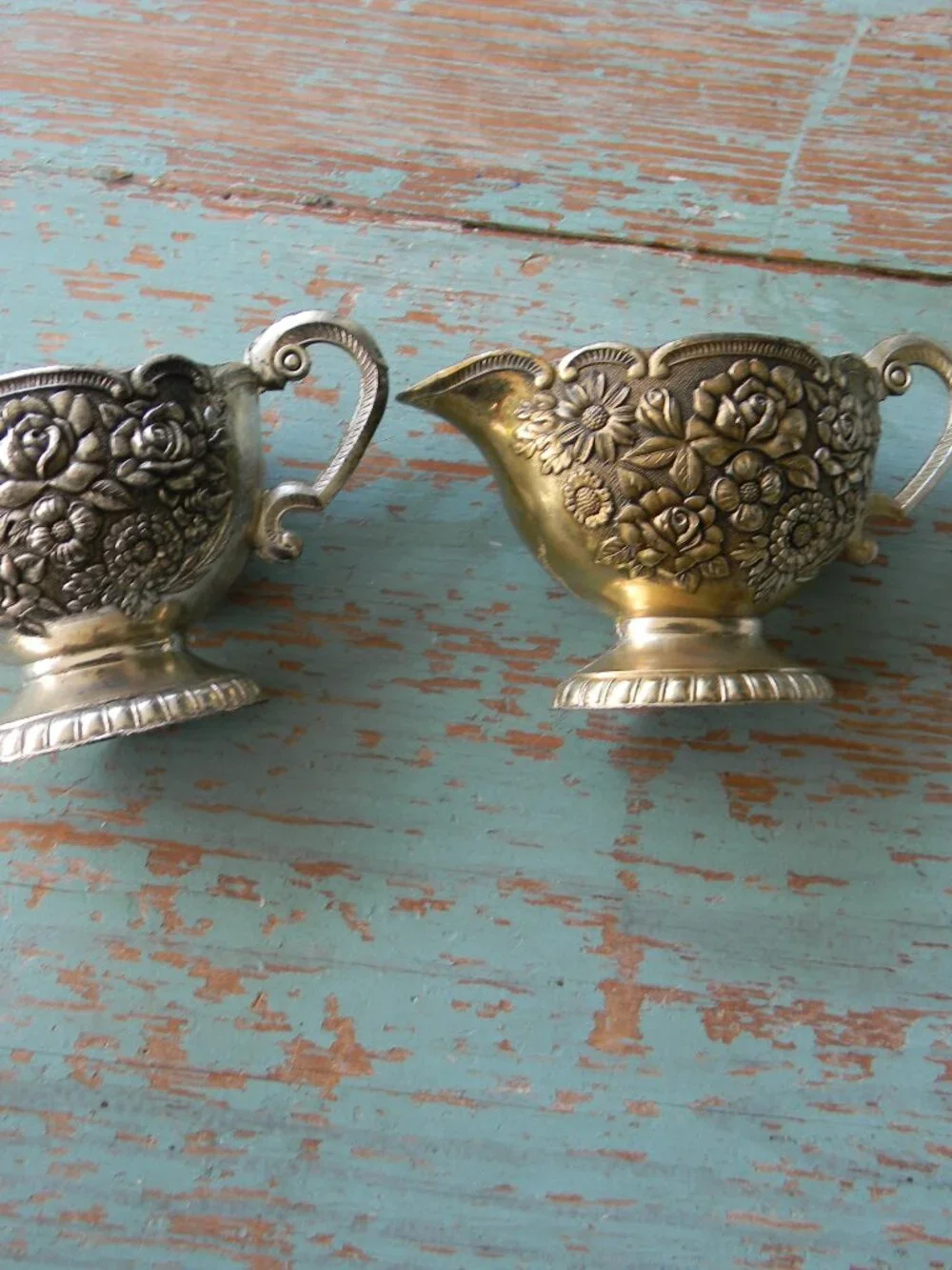 VINTAGE MINI Silver Plated Sugar Creamer Set Porcelain Lined, Floral EMBOSSED